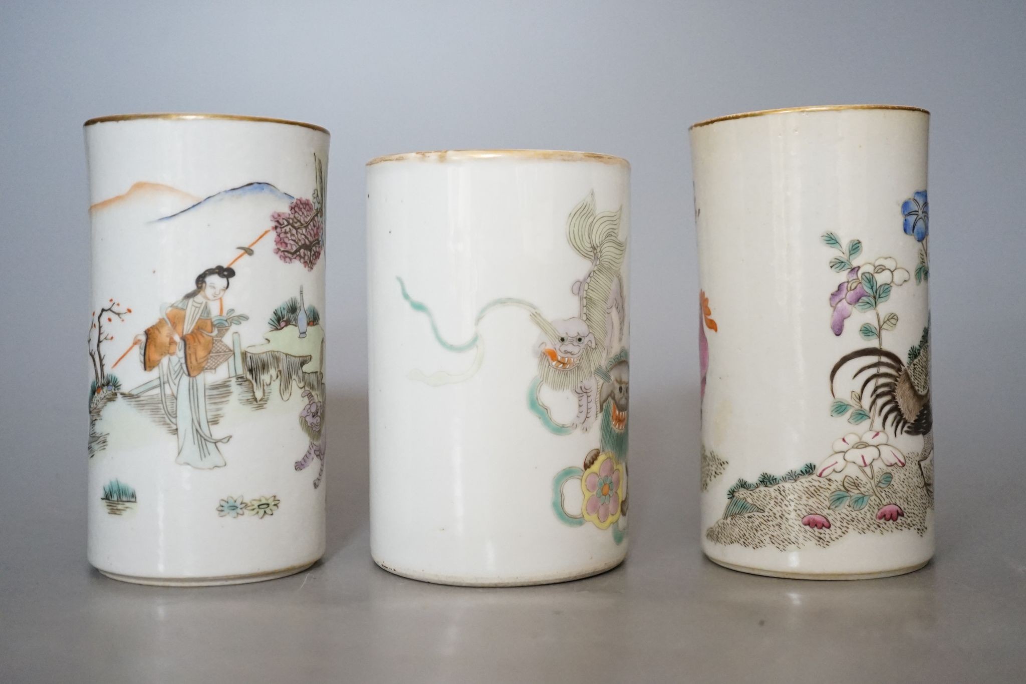 Three Chinese famille rose brush pots, 12cm